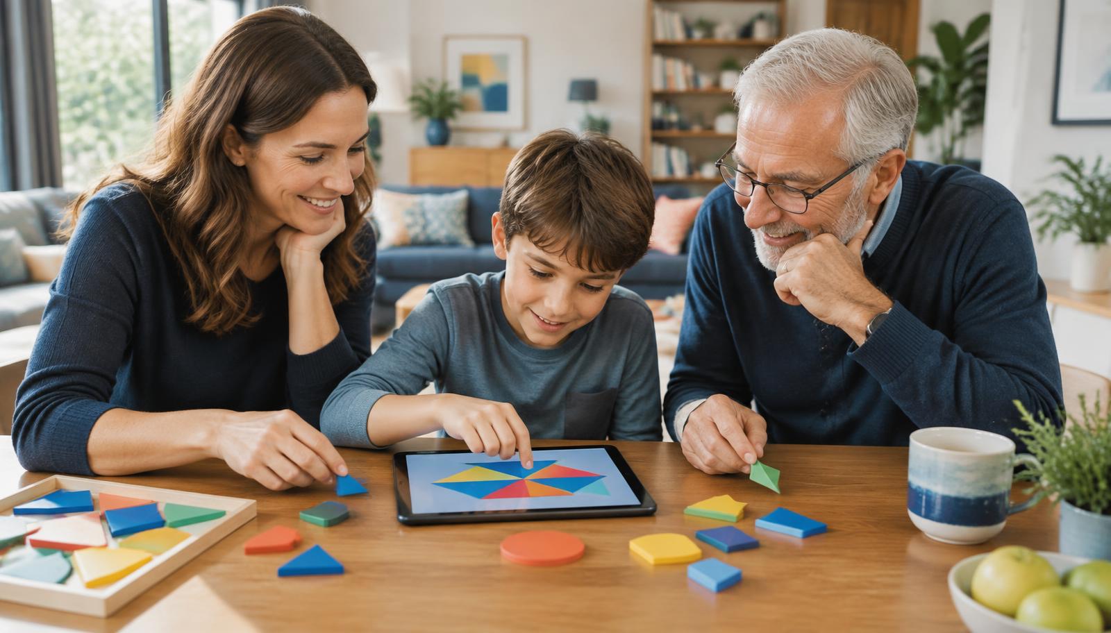 A child, adult and older adult sharing a colorful shape puzzle around a table